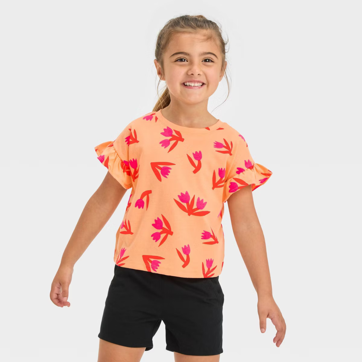 Toddler Girls' Floral Tulip T-Shirt - Cat & Jack™ Peach Orange 12M: Ruffle Sleeve, Jersey, OEKO... | Target