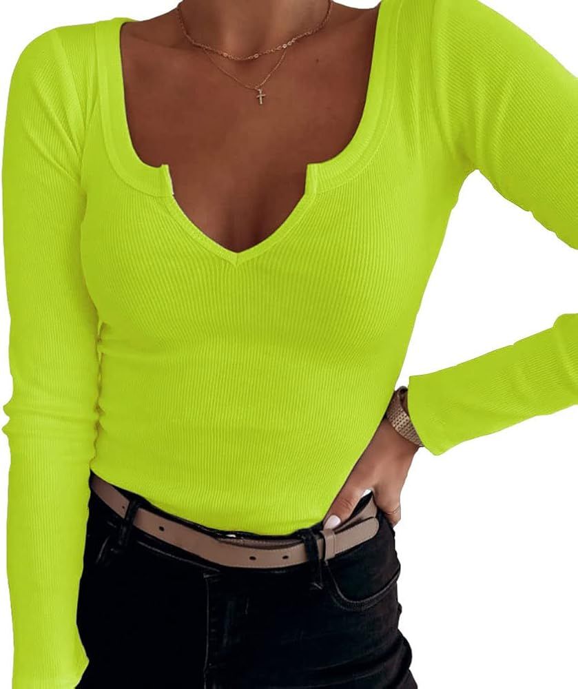 Roselux Women V Neck Ribbed Long Sleeve Shirt Fitted Basic Slim Knit Top | Amazon (US)