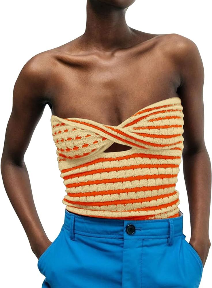 Meladyan Women Twist Front Striped Cutout Knitted Crop Tube Top Bandage Strapless Sleeveless Band... | Amazon (US)