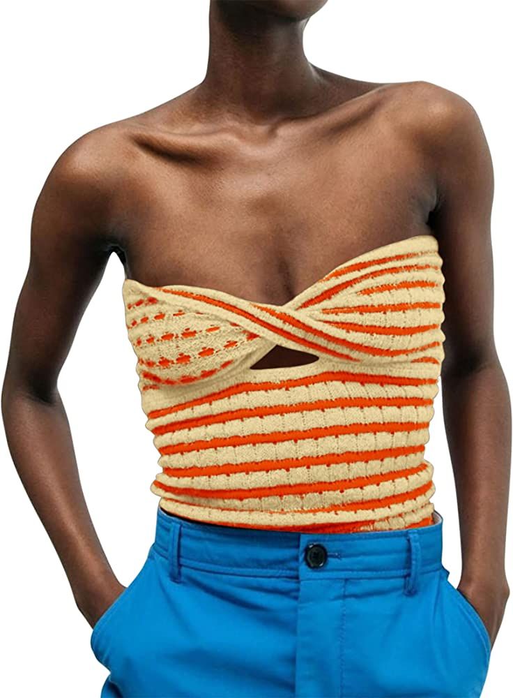 Meladyan Women Twist Front Striped Cutout Knitted Crop Tube Top Bandage Strapless Sleeveless Band... | Amazon (US)
