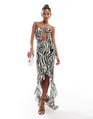 Murci exclusive mesh halterneck keyhole detail high low hem maxi dress in zebra print | ASOS | ASOS (Global)