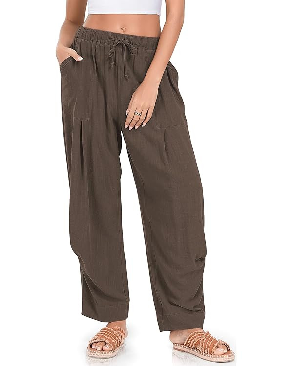 TARSE Women Linen Baggy Harem Pants Summer Drawstring Casual Lounge Pant 2024 Beach Travel Vacati... | Amazon (US)