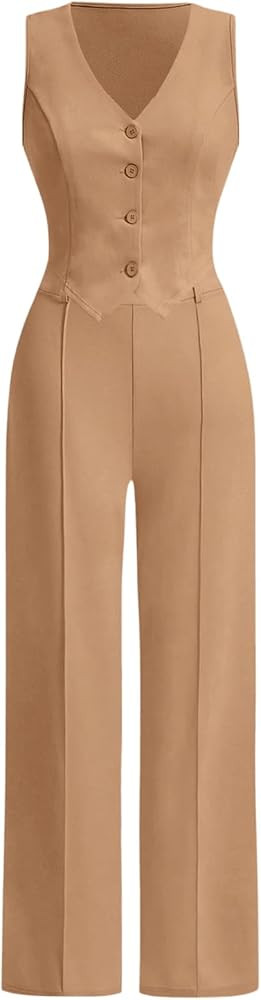 Floerns Women's 2 Piece Outfits Sleeveless Button Front Vest Blazer Jacket & Pants Business Suit ... | Amazon (US)