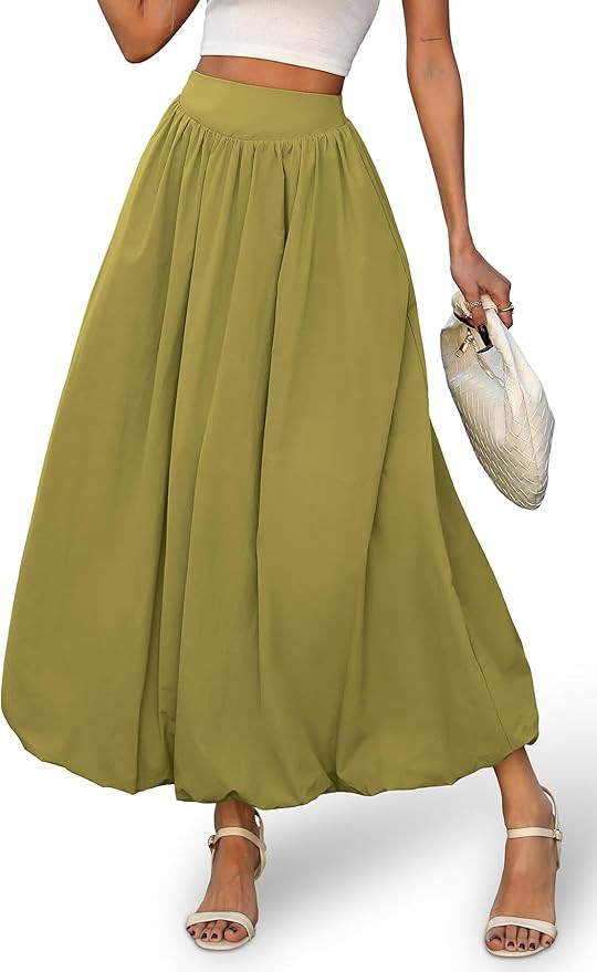 ELLEVEN Women's Bubble Maxi Skirt, Elastic Waist Puffy Hem A-Line Skirt with Pockets | Amazon (US)