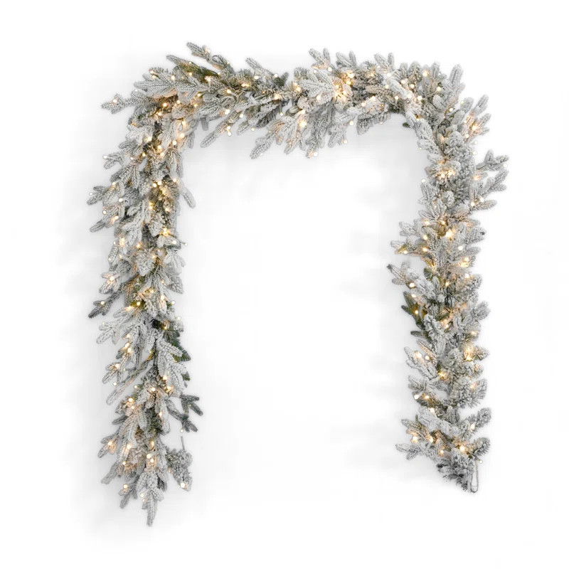 9' Dandan Flocked and Plug-In Pine Pre-Lit Garland with Lights | Wayfair North America