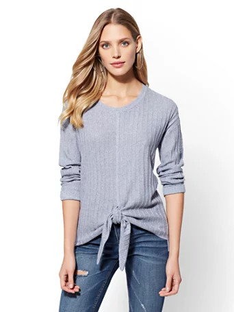Tie-Front Ribbed-Knit Marled Sweater | New York & Company