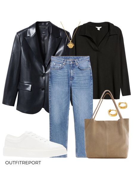 Blazer fashion in faux leather blazer, blue denim jeans, black sweater top, white sneakers, beige brown handbag and gold jewellery 

#LTKunder100 #LTKstyletip #LTKshoecrush