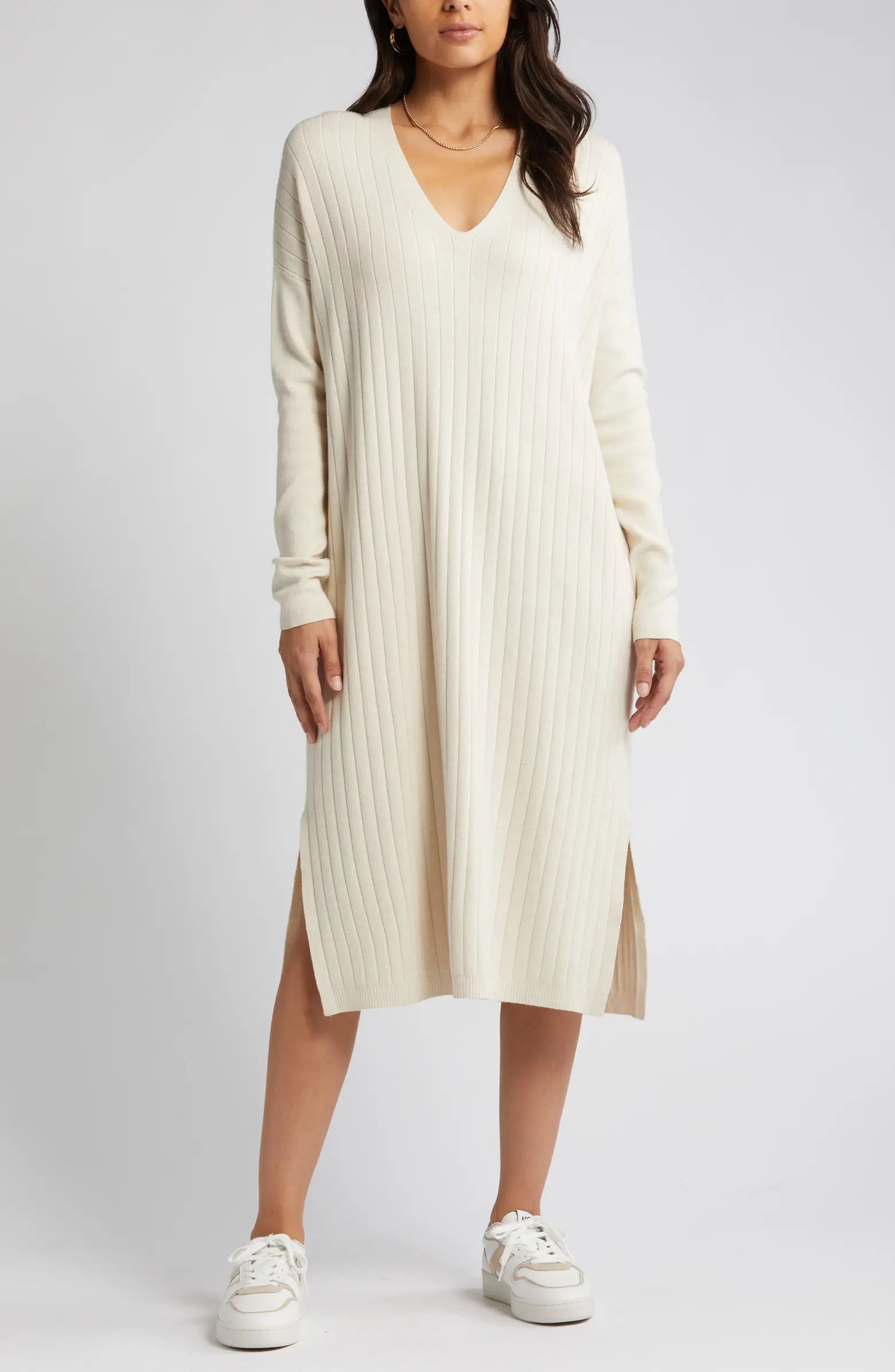 Caslon® Long Sleeve Rib Sweater Dress | Nordstrom | Nordstrom