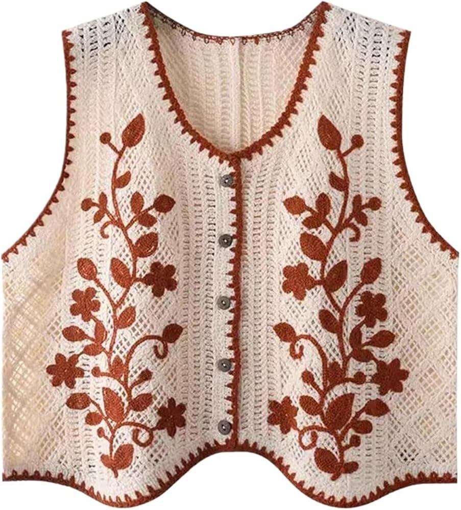 Women's Floral Embroidered Vest Flower Embroidery Crochet Waistcoat Sleeveless Button Front Vest ... | Amazon (US)