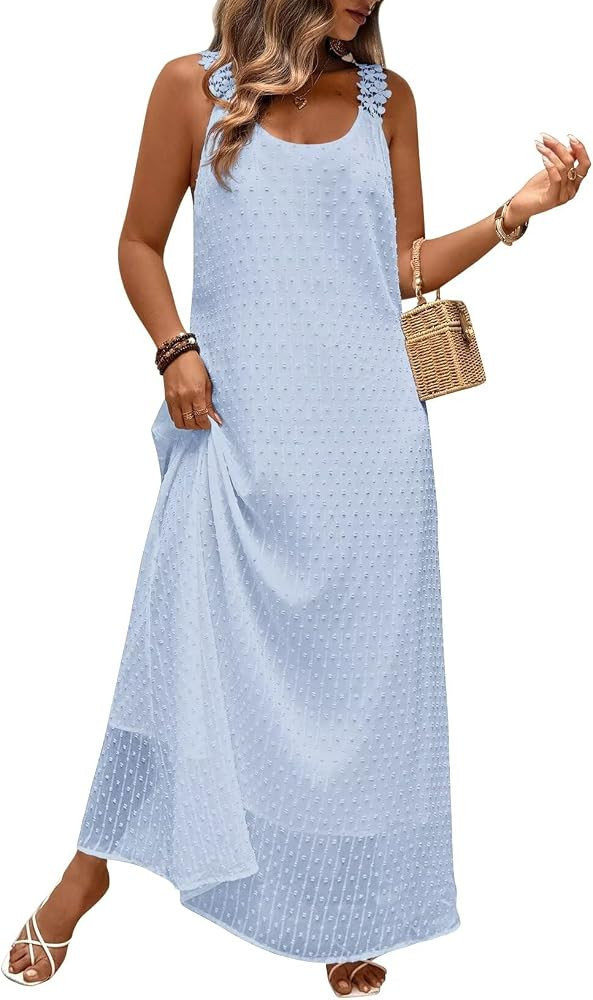 Summer Dresses for Women 2026 Beach Lace Spaghetti Strap Maxi Wedding Guest Dress Boho Crewneck V... | Amazon (US)