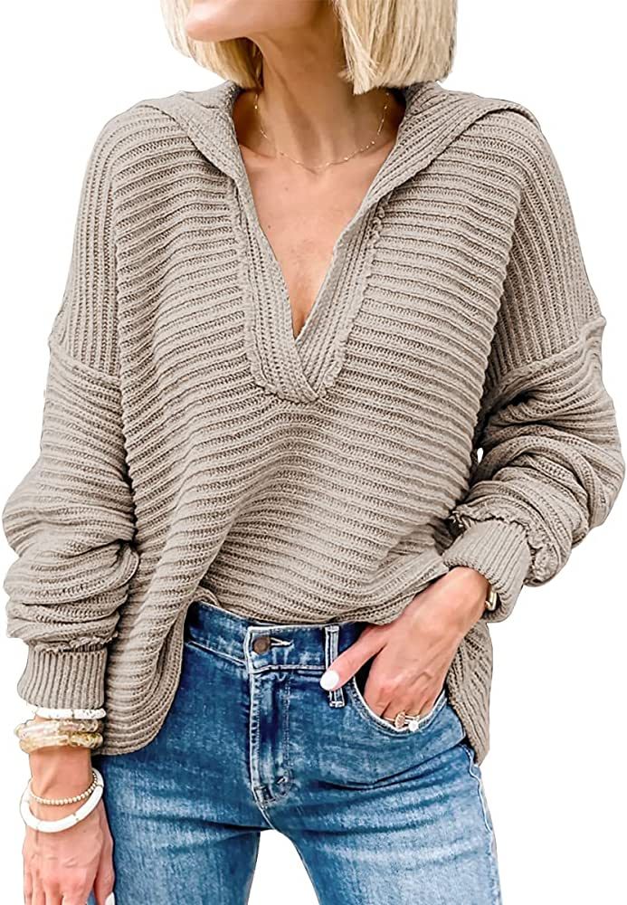 EFAN Womens V Neck Oversized Sweater Long Sleeve Batwing Casual Collar Asymmetrical Hem Pullover ... | Amazon (US)