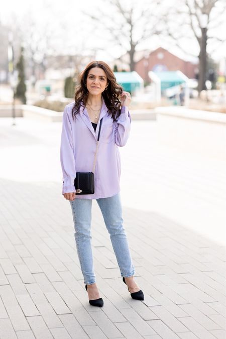 Fun & easy way to style a colorful lavender satin blouse | light wash jeans, black pumps, crossbody bag 

Date night outfit 

#LTKstyletip