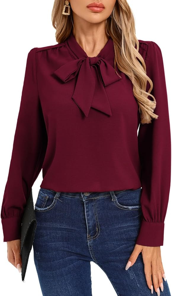 Kate Kasin Women's Bow Tie Neck Blouse 2026 Long Sleeve Work Shirt for Office Business Profession... | Amazon (US)