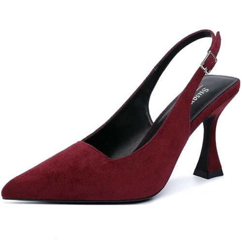 Susanny Burgundy Suede Slingback Kitten Heels Elegant Dressy Pumps for Women Closed Pointed Toe Sexy Chunky High Heels Wedding Bride Prom Party Dress Shoes 11 | Amazon (US)