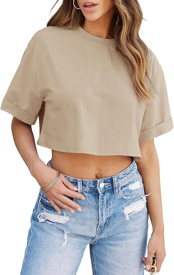 Tankaneo Women Crop T-Shirts Half Sleeve Drop Shoulder Cropped Tops Y2K Casual Summer Basic Tees | Amazon (US)