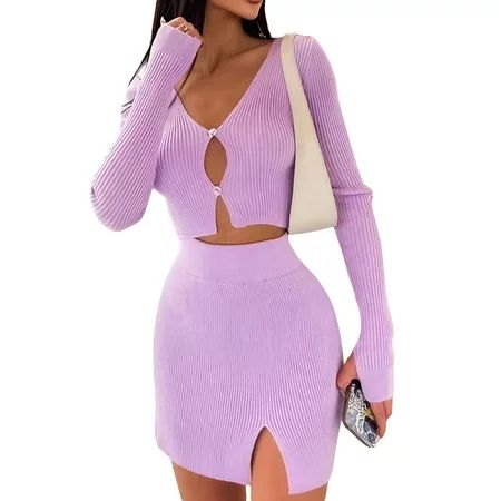 One opening Women Two-piece Knitted Plain Skirt Suit Casual Long Sleeve Button down Crop Tops and Sh | Walmart (US)