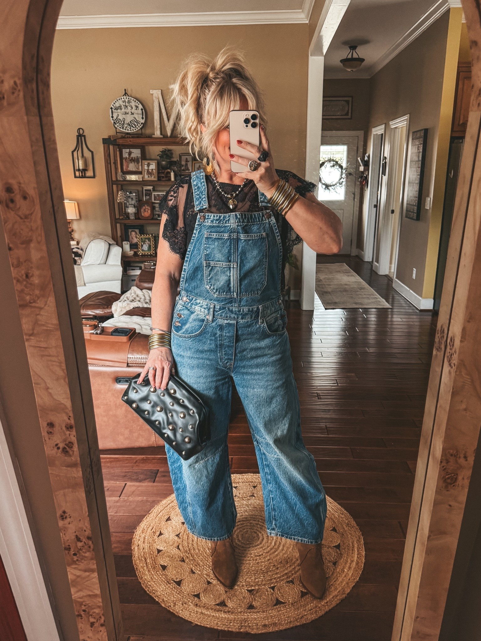 Overalls M 
Top M Boots 
true to size 

#LTKValentine #LTKootd #LTKOver40