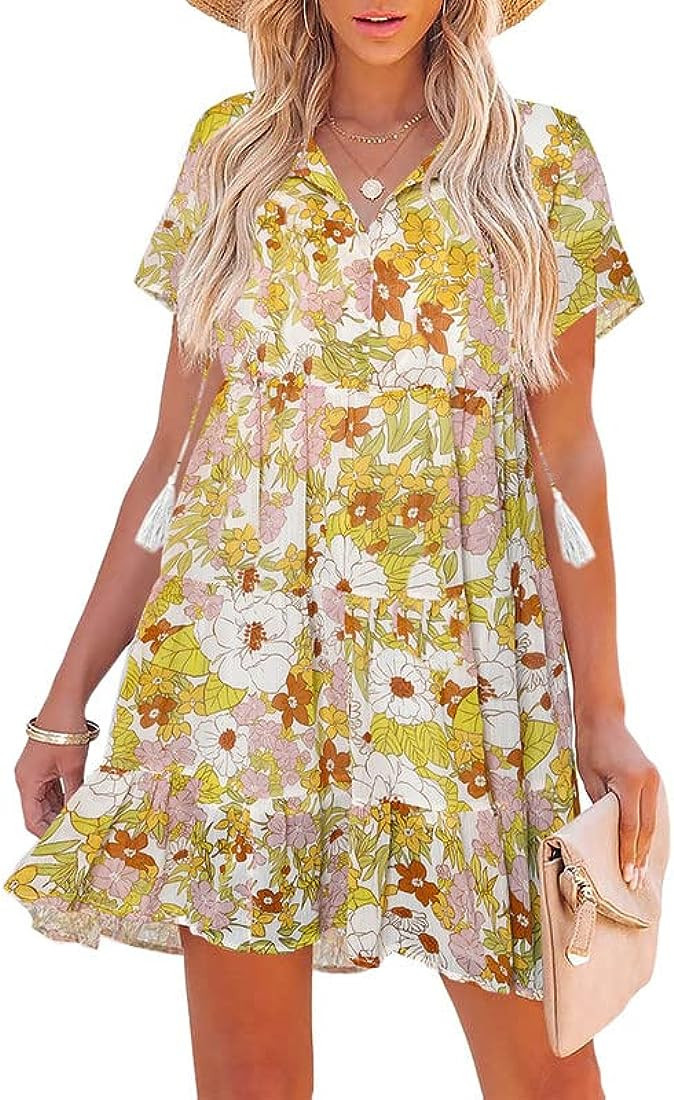 SHEWIN Women's Summer Boho Floral Dresses Casual V Neck Short Sleeve Ruffle Hem A-Line Mini Dress | Amazon (US)