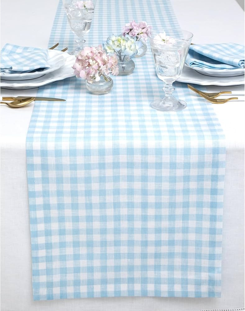Solino Home Linen Blue Bell Gingham Table Runner 108 inches Long – 100% Pure Linen Gingham Chec... | Amazon (US)