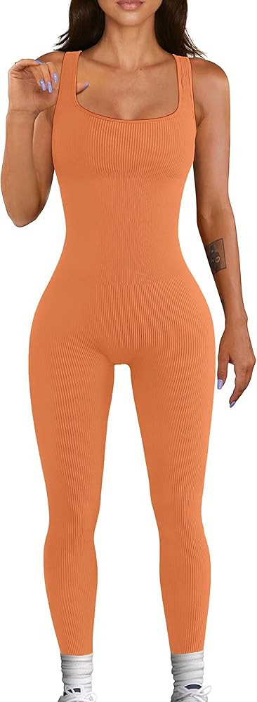 Women Workout Seamless Jumpsuit Yoga Ribbed Bodycon One Piece Tank Top Leggings Romper | Amazon (US)