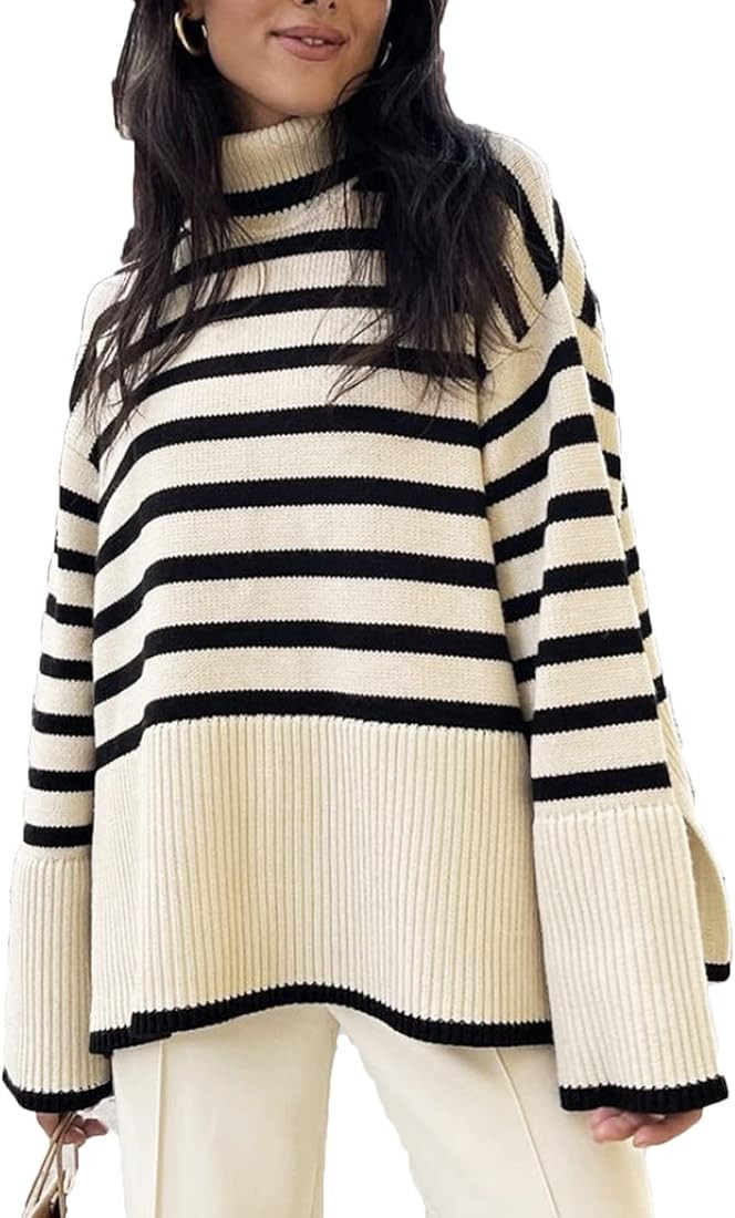 FeMereina Women's Long Sleeve Striped Sweater Turtleneck Casual Loose Side Split Ribbed Knit Pull... | Amazon (UK)