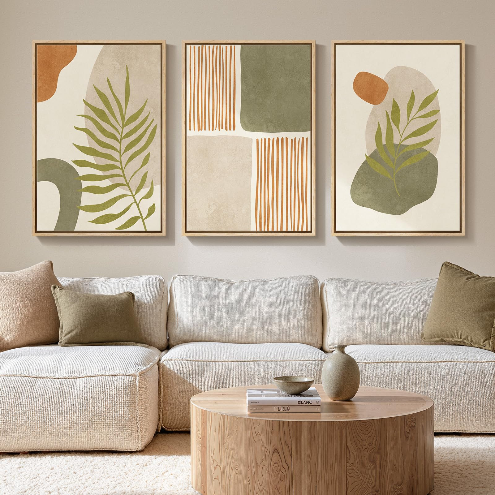Framed Boho Sage Green Wall Art for Living Room, Large Mid Century Modern Tropical Leaf Canvas Ar... | Amazon (US)