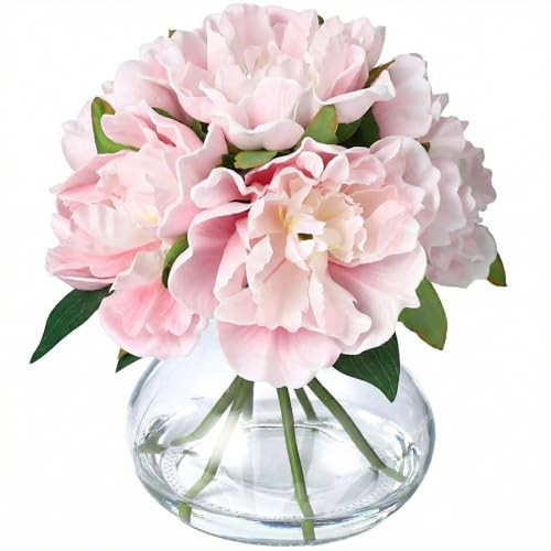 Garvee Pink Peonies Artificial Flowers with Glass Vase, Silk Faux Peony Flower Arrangement with Faux Water, Fake Flowers in Vase for Table Centerpieces, Shelf Bathroom Decor, Home & Wedding Decoration | Amazon (US)