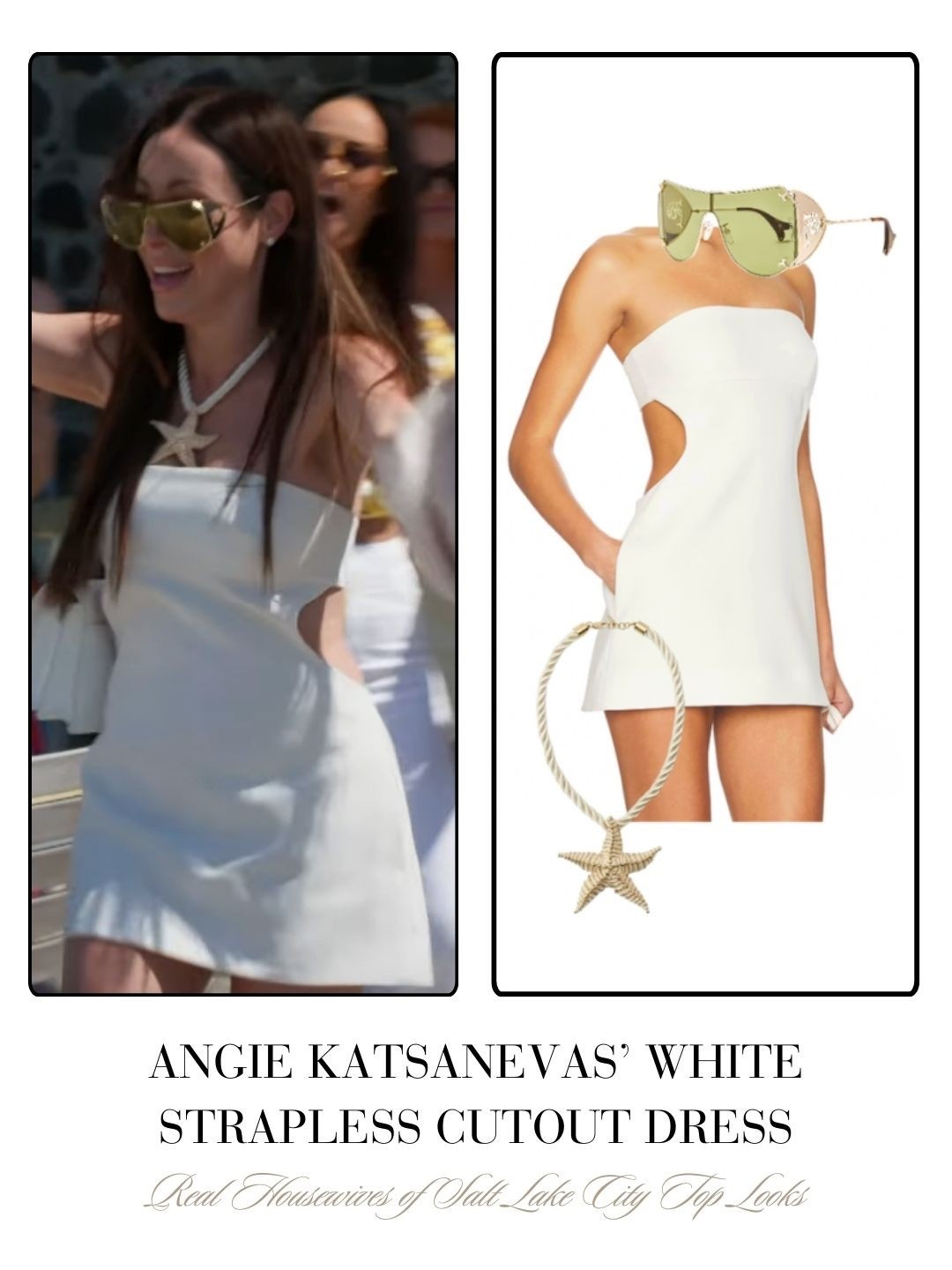 Angie Katsanevas’ White Strapless Cutout Dress
