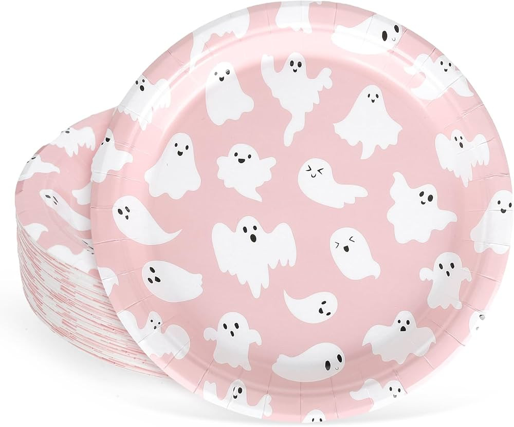 Whaline 40Pcs Halloween Paper Plates Pink Ghost Disposable Plates 9 Inch Cute Cartoon Ghost Decor... | Amazon (US)