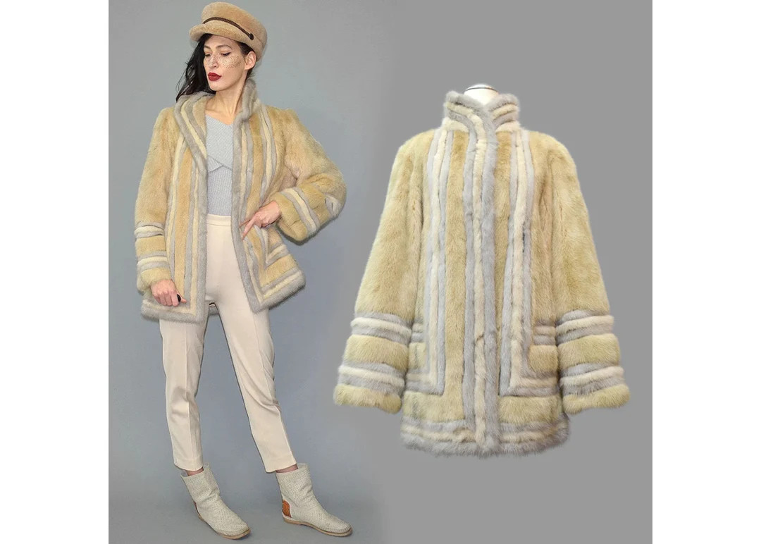 Vintage BLONDE & PLATINUM Mink Fur Couture Art Deco Geometric Graphic Tent A-Line Flared Jacket K... | Etsy (US)