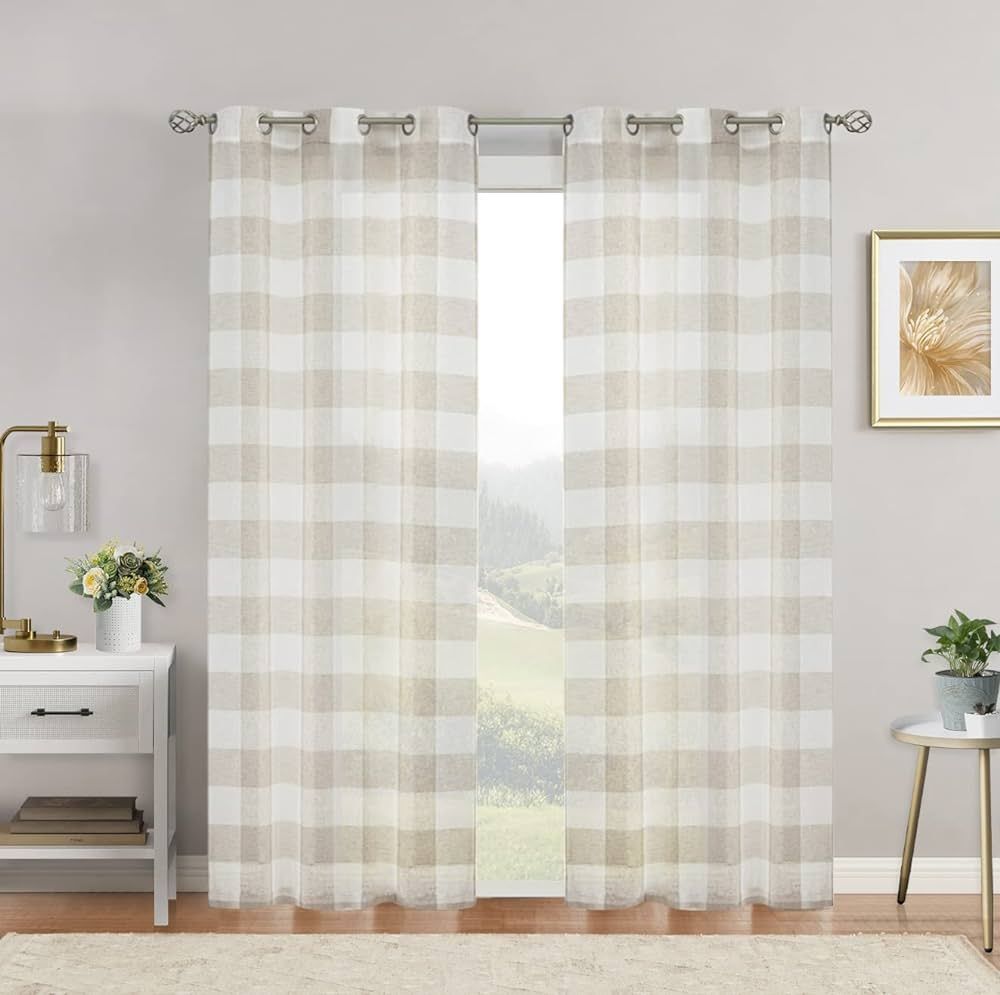 Gingham Buffalo Check Beige and White Sheer Window Curtain Panels 95 Inch Long, Plaid Grommet Top... | Amazon (US)