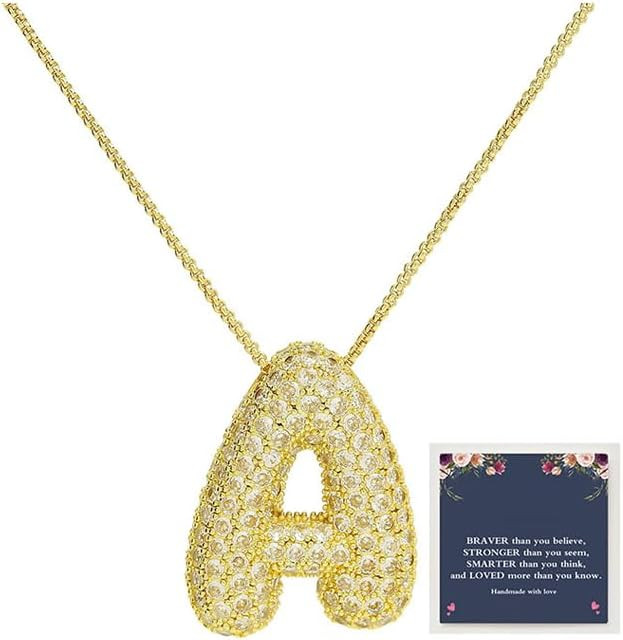Bubble Letter Necklace Gold for Women，Charm Balloon Initial Letter Pendant Zirconia Inlaid Neck... | Amazon (US)