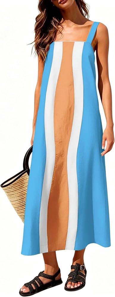 Yidarer Women's Summer Boho Midi Dress Color Block Adjustable Straps Beach Vacation Overall Dress... | Amazon (US)