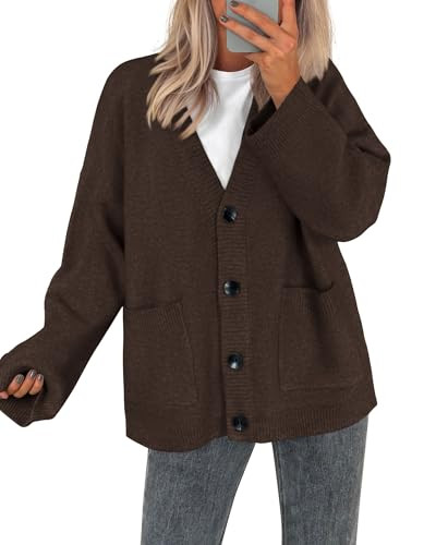 BTFBM Fall Fashion 2025 Button Down Cardigan Sweaters for Women Trendy V Neck Long Sleeve Knit Winter Coat Outerwear(Brown, X-Large) | Amazon (US)