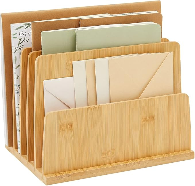 Bamboo Wooden Mail Holder, File Sorter for Letter and Folder Document Storage, Envelope Organizer... | Amazon (US)