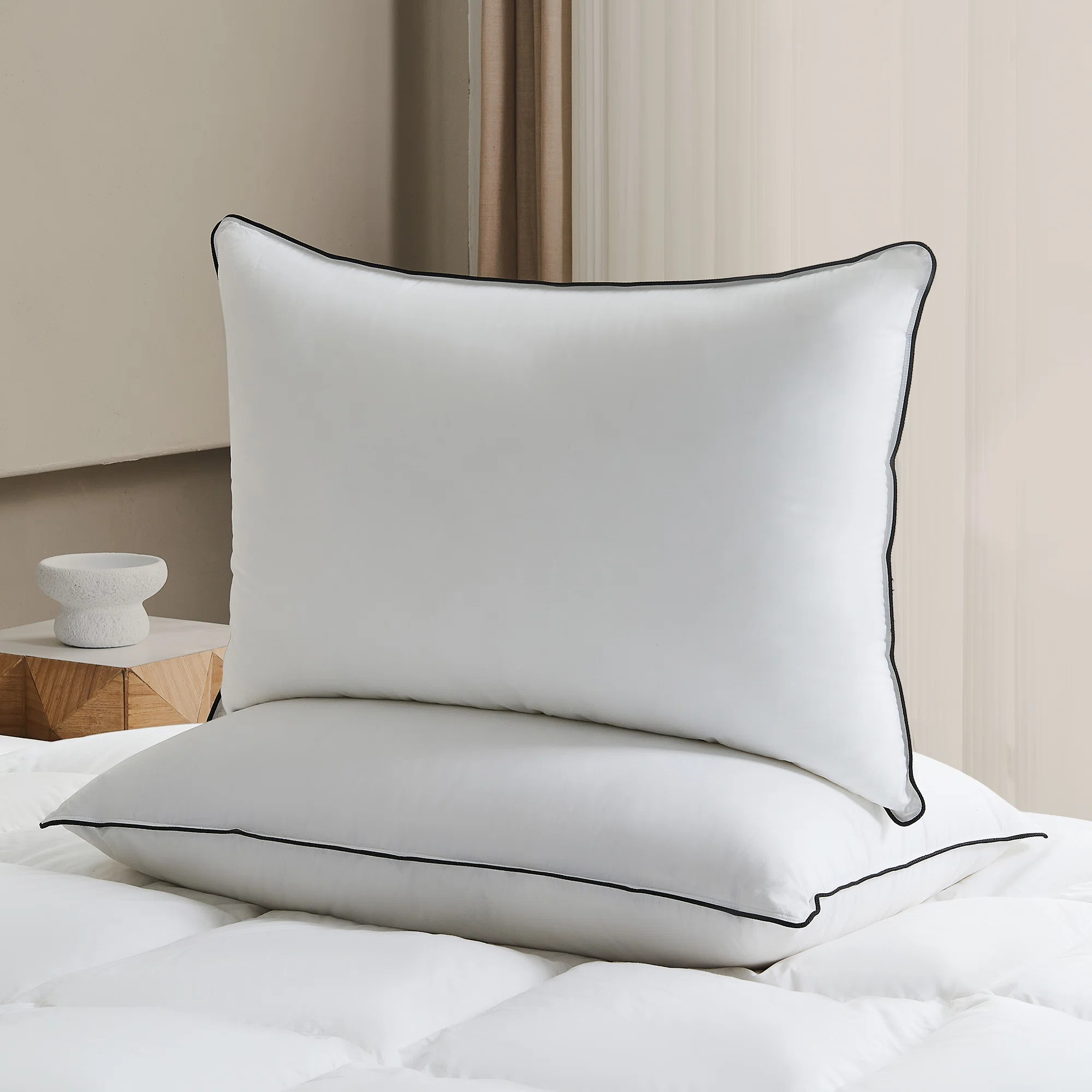 Queen Size Goose Down Medium Support Pillow 100% Cotton Cover Bed Pillows (Set of 2) | Wayfair North America