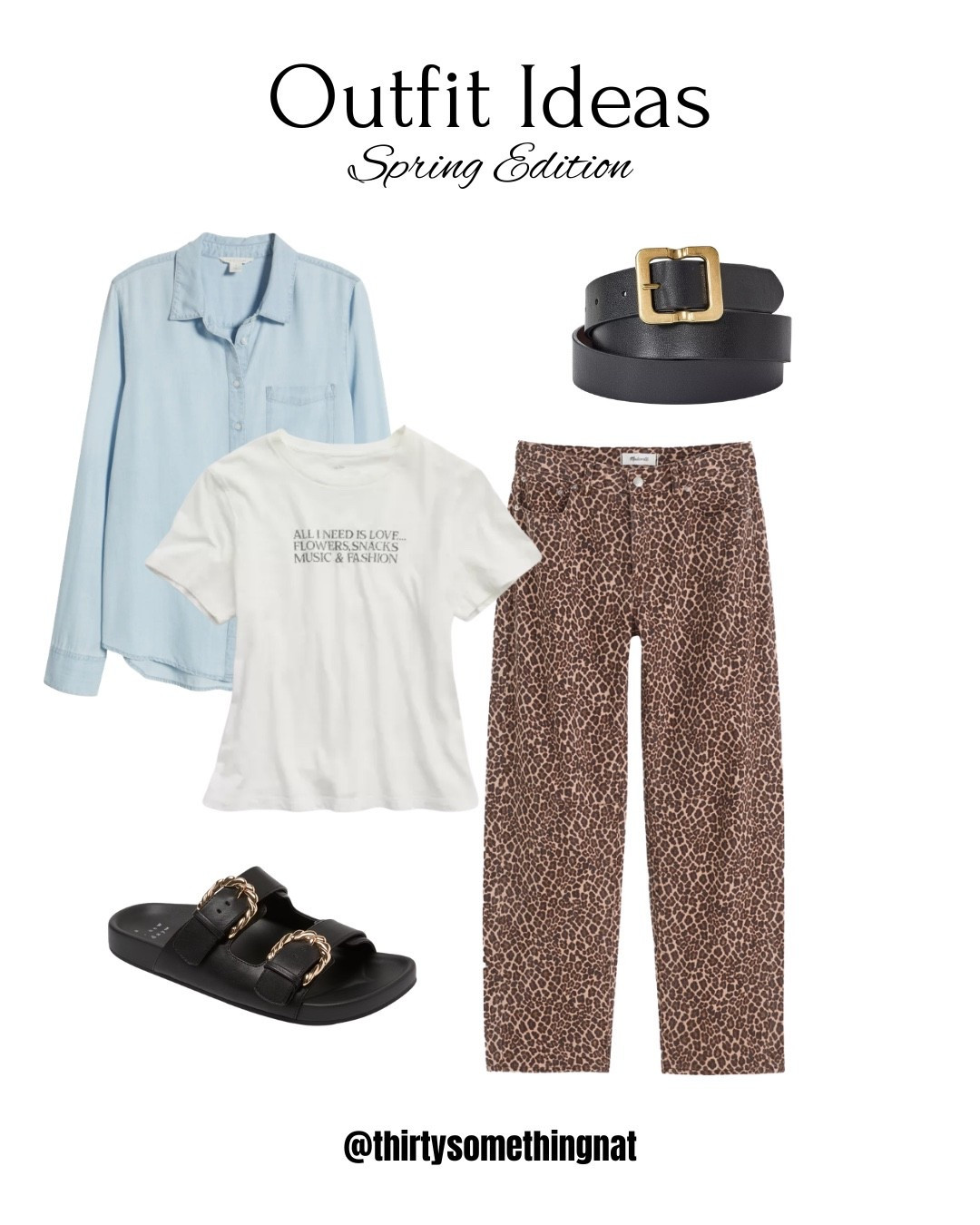 Outfit idea for spring. 

Spring outfit. Leopard pants. Basic tee. Denim top. Denim shirt. Denim button up. Spring pants  

#LTKdayinmylife #LTKootd #LTKgrwm