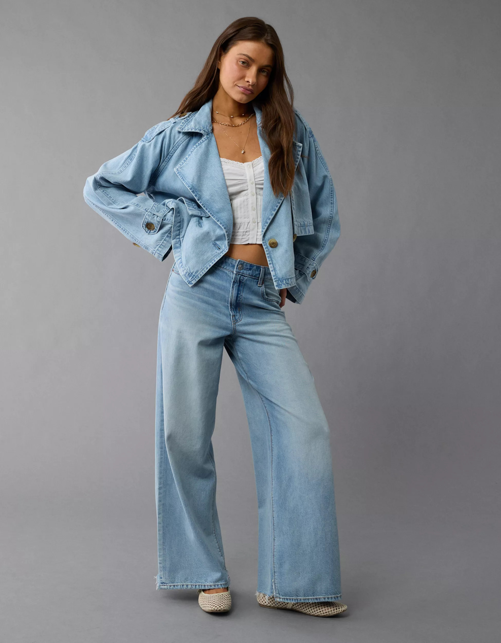 AE Cropped Denim Trench Coat | American Eagle Outfitters (US & CA)