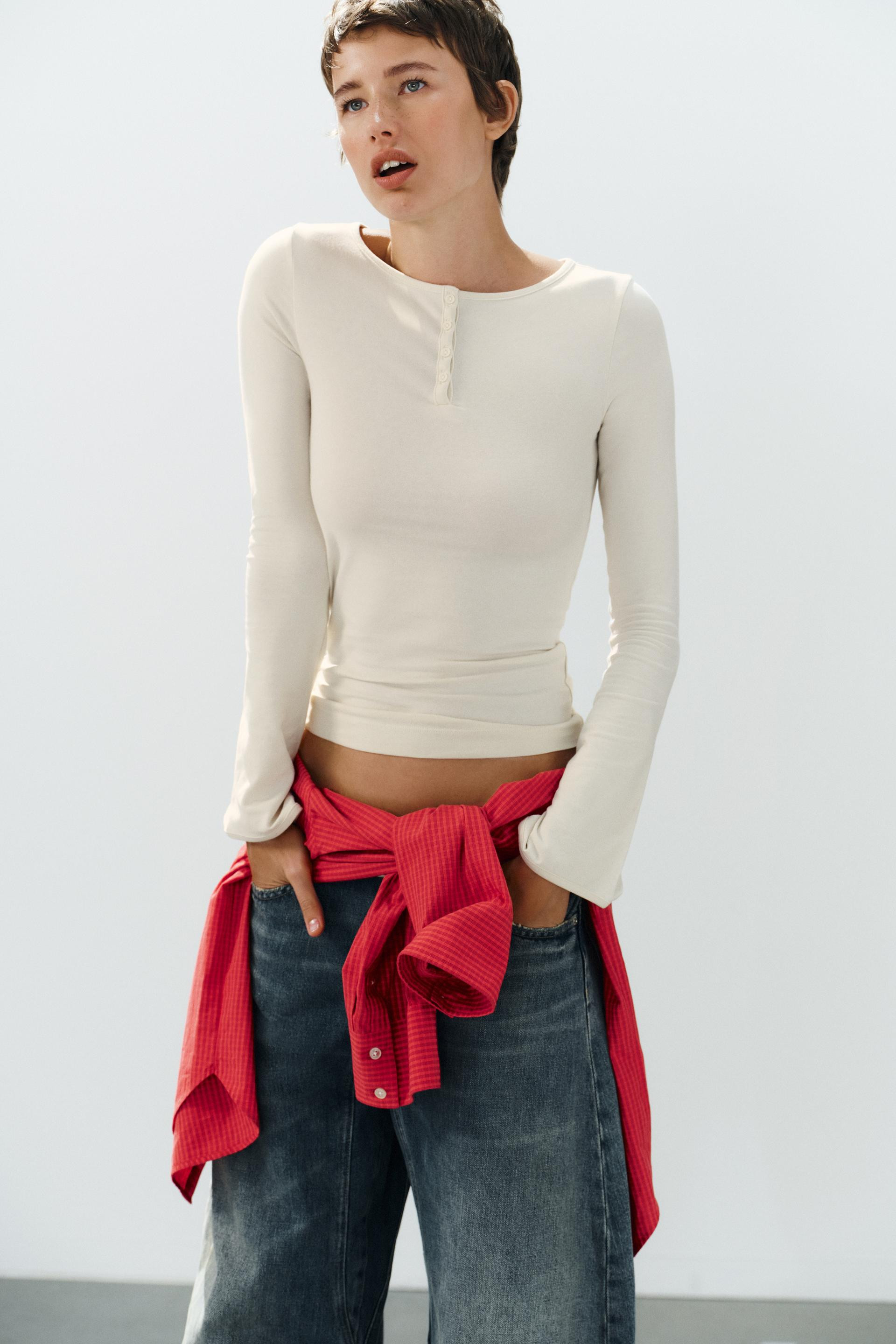 Zara - Henley-T-Shirt - Cremefarben - M - Damen | Zara DE
