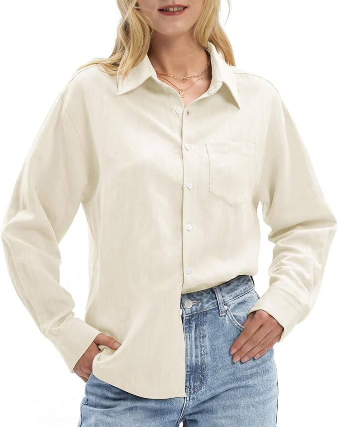 Women's Linen Shirts Casual Button Down Linen Tops for Women Long Sleeve Loose Fit for Summer Bea... | Amazon (US)