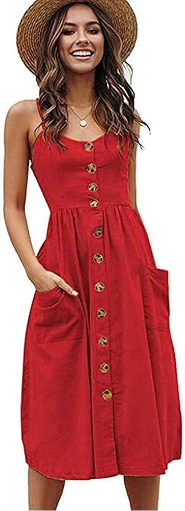 Halife Womens Dresses Summer Casual Spaghetti Strap Floral Button Down Swing Midi Dress with Pock... | Amazon (US)