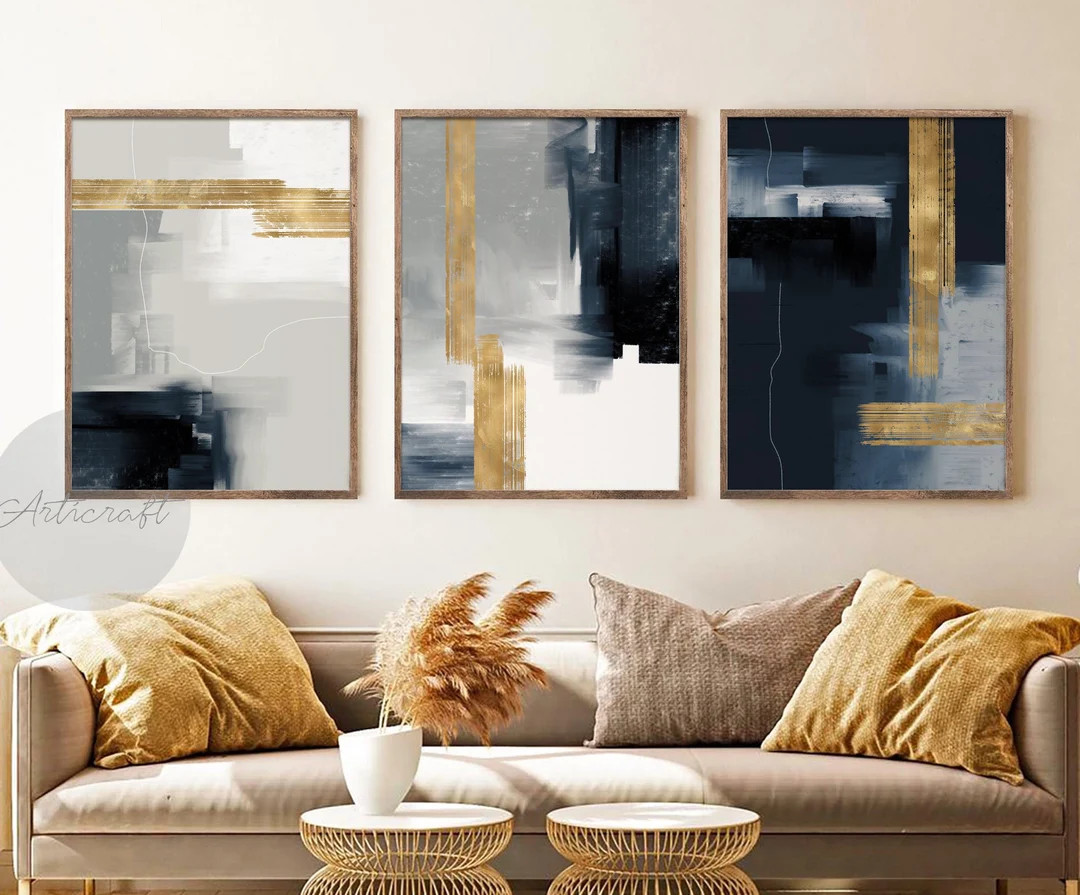 Navy Blue, Gray and Gold Abstract Art, Modern 3 Piece Art, Painting, Gallery Wall Art Set, Brush ... | Etsy (US)
