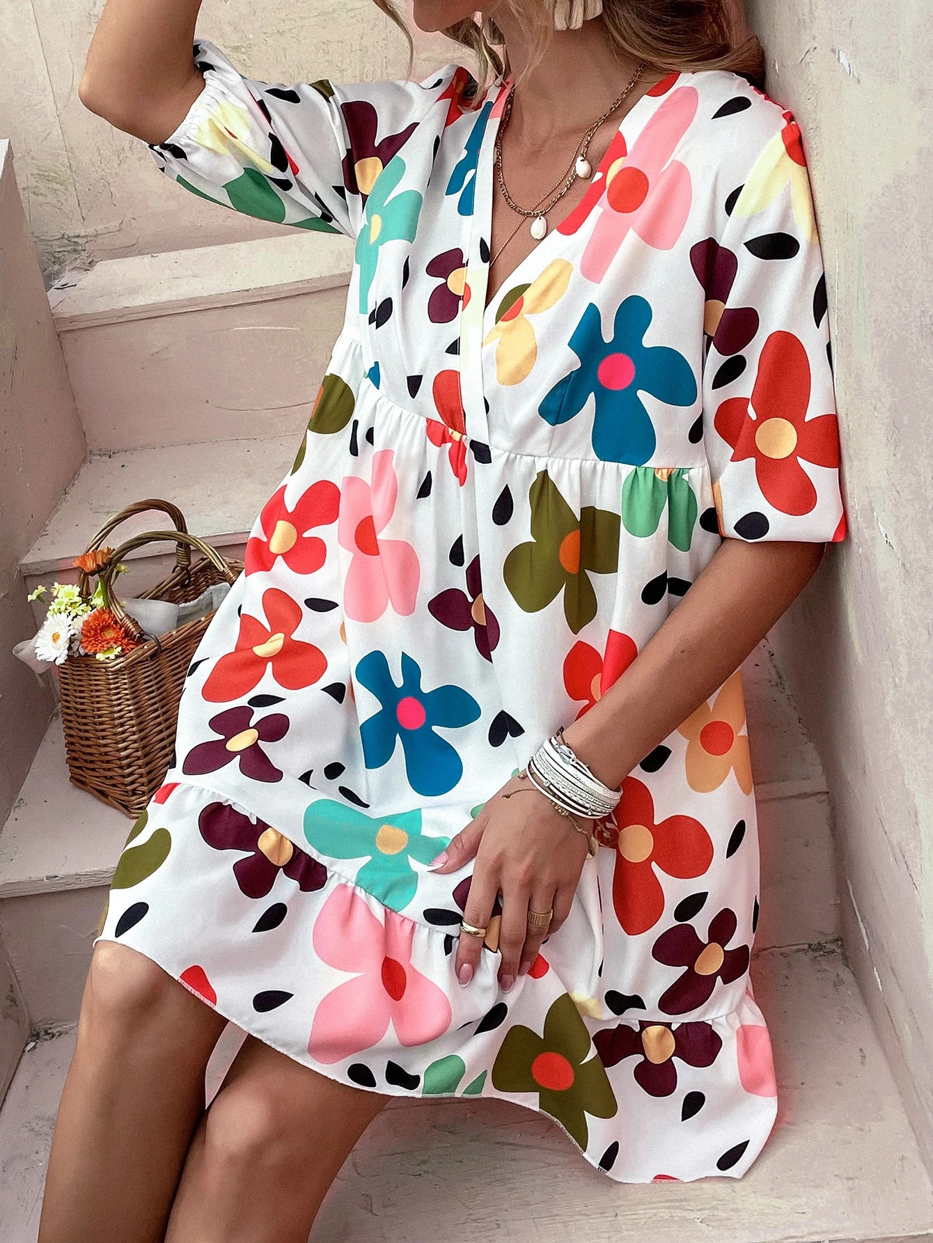 Allover Floral Print Surplice Front Smock Dress | SHEIN