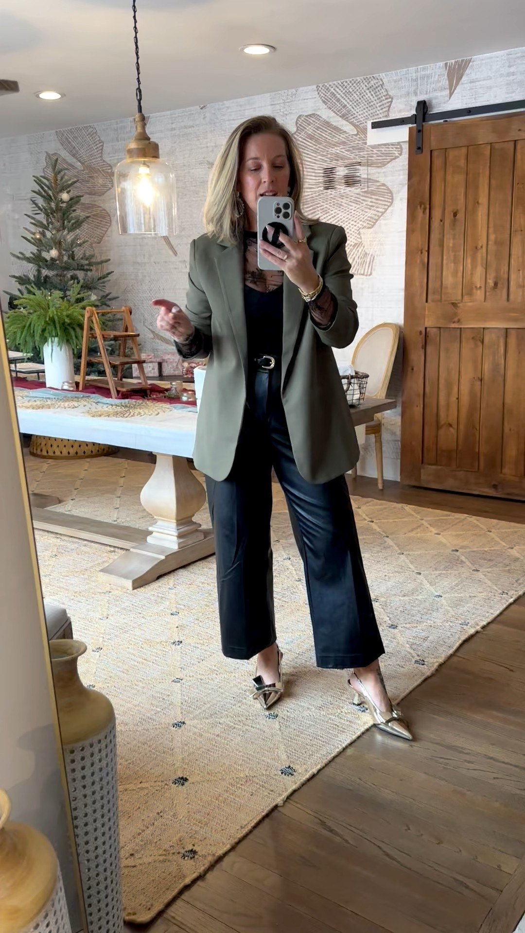 My holiday party outfit number 1/4. 
Small green blazer. Medium bra and lace top. I sized up to a 10 in the faux leather pants but it may not have been necessary. They fit loosely. The shoes were a hit!! 

#LTKootd #LTKHoliday #LTKMidsize