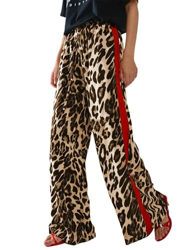 LIWEIKE Women's Leopard Print Pants Drawstring Color Block Side Striped Pants Y2K Cheetah Wide Leg Trousers with Pockets (US, Alpha, X-Large, Regular, Regular, Brown) | Amazon (US)