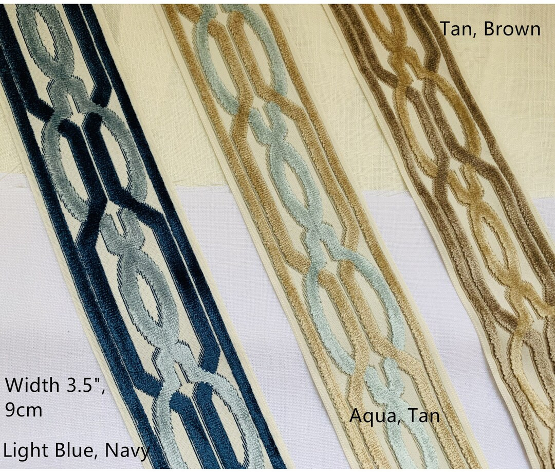 Woven  Fabric Trim with Raised Velvet 3.5" wide, Blue, Navy, Brown, Tan, Aqua, Ready to Ship, 027 | Etsy (US)