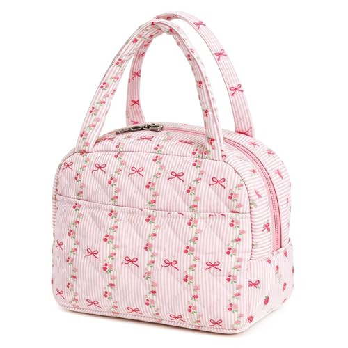 Cute Lunch Bag for Women Insulated Lunch Box Bag Floral Bow Lunchbox Aesthetic Quilted Cooler for Work (Floral Bow Pink) | Amazon (US)