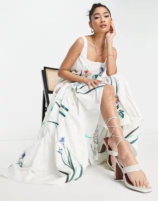 ASOS EDITION square neck cotton floral maxi dress in white | ASOS (Global)