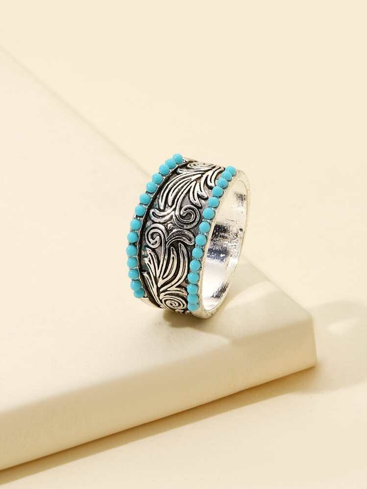 Engraved Detail Turquoise Decor Ring | SHEIN