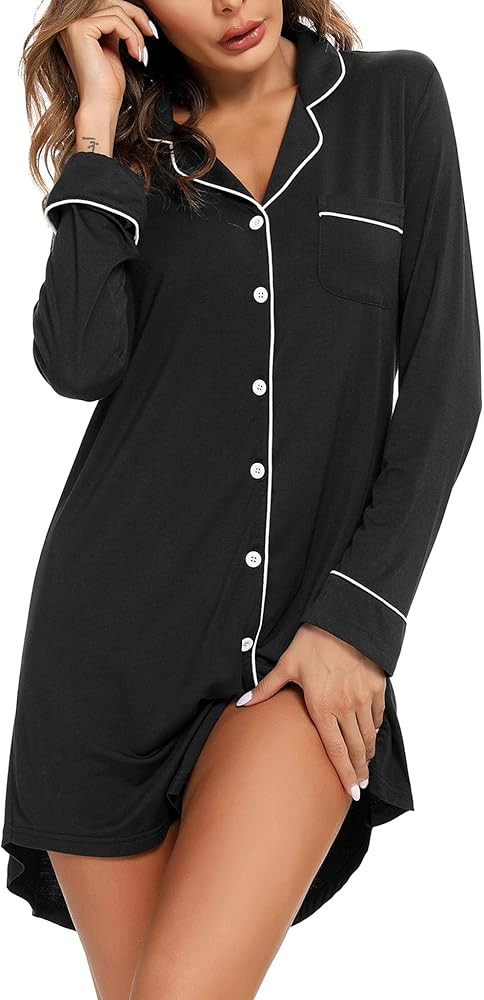 Senert Nightgown for Women Sleep Shirt Short Long Sleeve Sleepwear Boyfriend Nightshirt Button Do... | Amazon (US)